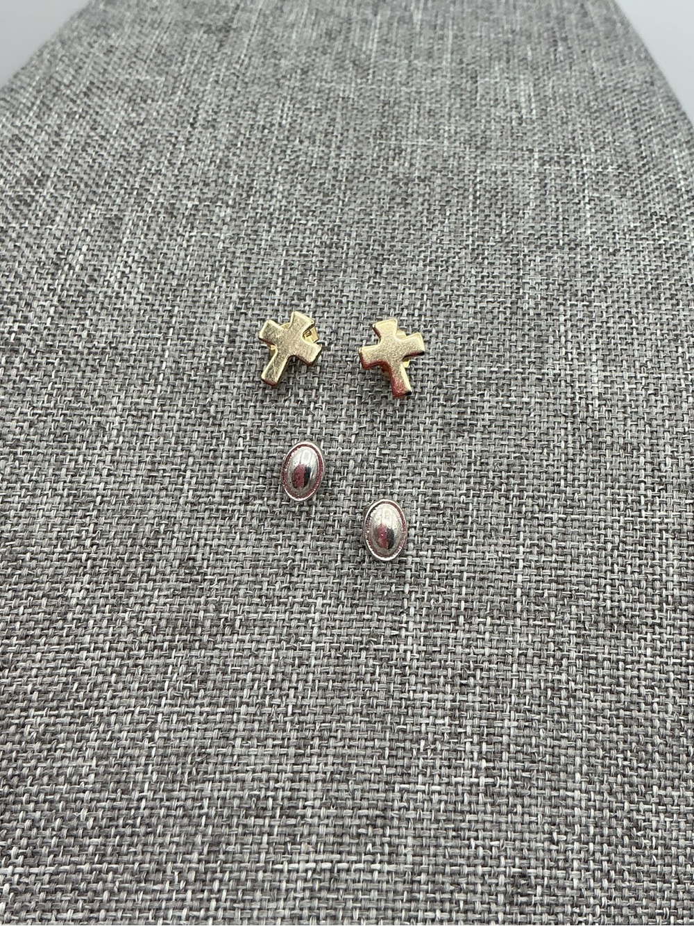 Gold Tone Cross and Silver Tone Oval Stud Earrings Bundle